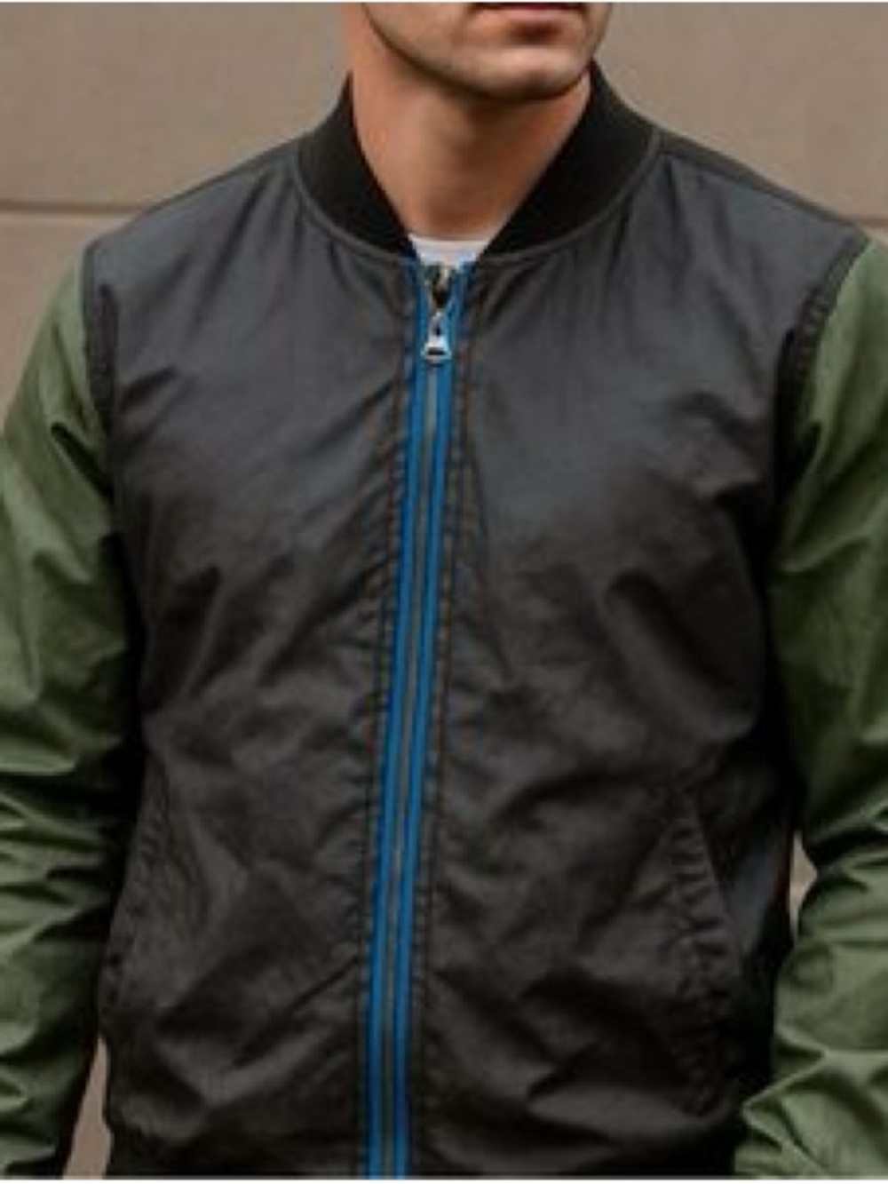 FIVE FOUR Two-Tone Gray & Green Bomber Jacket with Blue Zip Accent